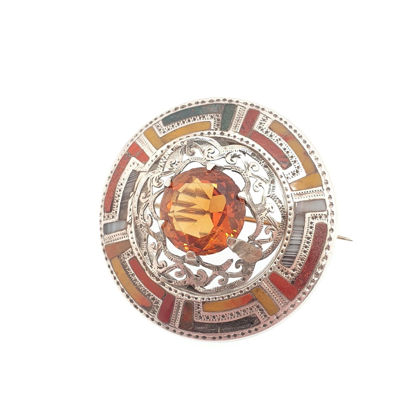 Antique Scottish Sterling Silver Citrine Brooch Pin Bloodstone Red  Jasper Victorian Gemstone Jewelry Jewellery Vintage