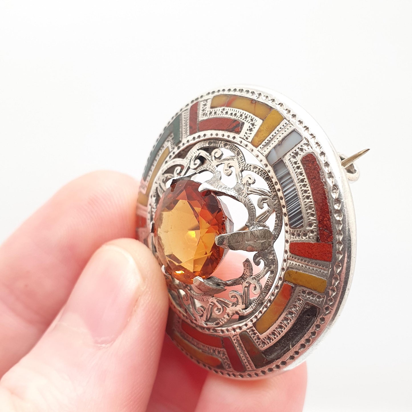Antique Scottish Sterling Silver Citrine Brooch Pin Bloodstone Red  Jasper Victorian Gemstone Jewelry Jewellery Vintage