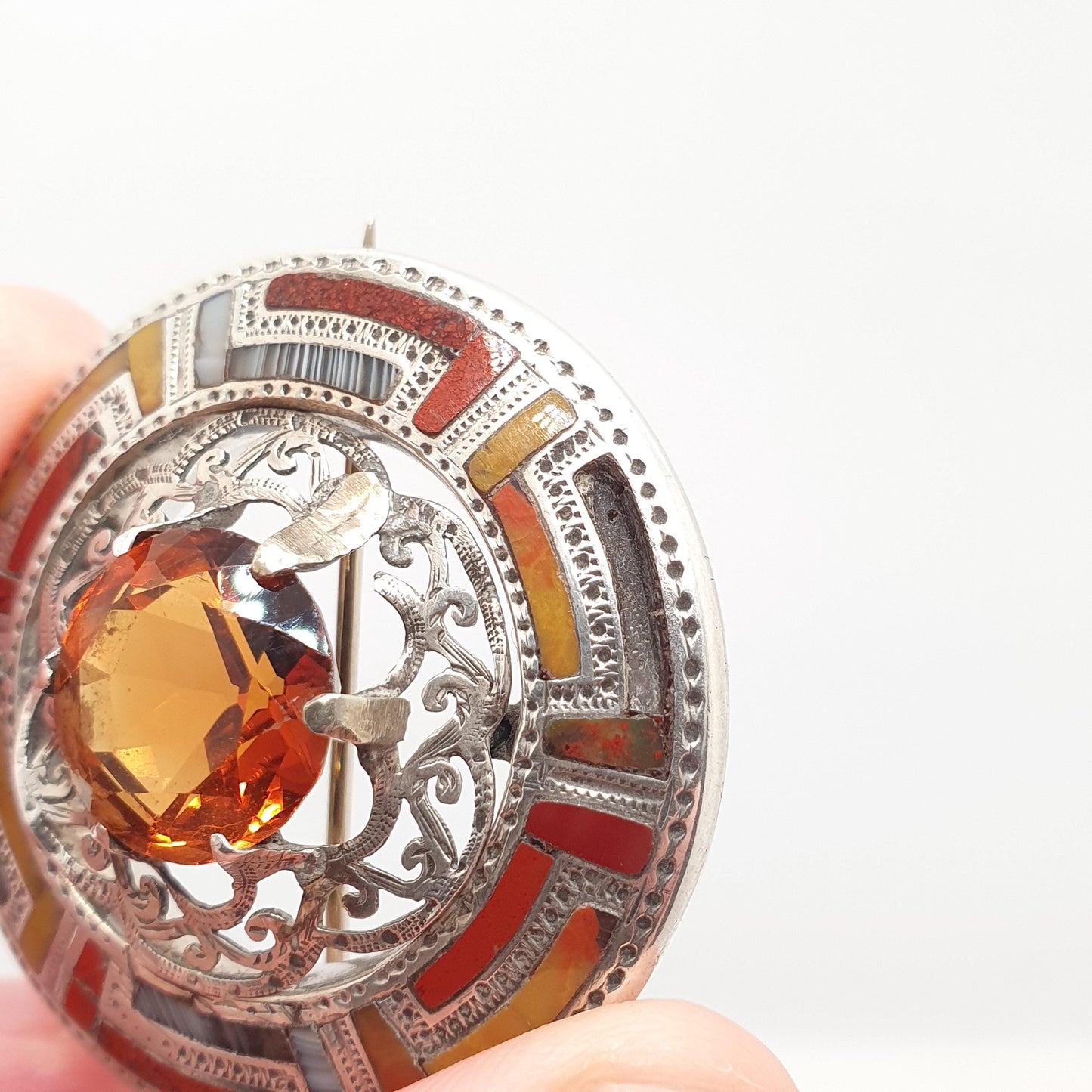 Antique Scottish Sterling Silver Citrine Brooch Pin Bloodstone Red  Jasper Victorian Gemstone Jewelry Jewellery Vintage
