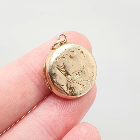 Antique 9ct Rose Gold Bird Locket Solid 9k 375 Small Round Circle Pendant Back & Front Necklace Jewelry Womens Jewellery