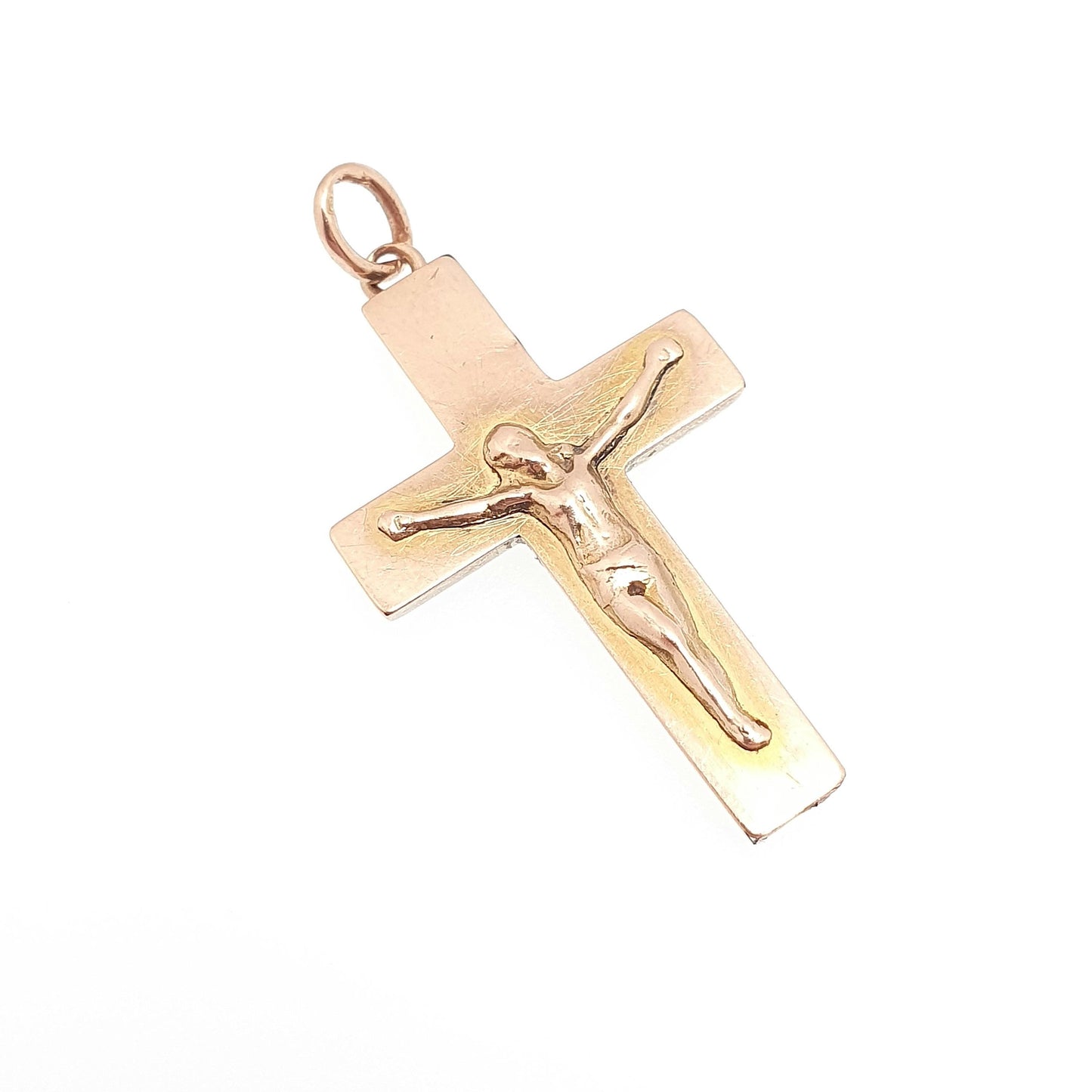 Antique 9ct 9k Rose Gold Jesus On The Cross Necklace Crucifix Pendant 1917 Hallmark Solid 9kt Vintage Womens Mens Jewellery Jewelry