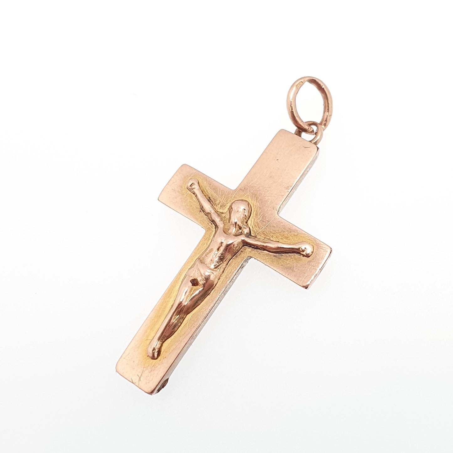 Antique 9ct 9k Rose Gold Jesus On The Cross Necklace Crucifix Pendant 1917 Hallmark Solid 9kt Vintage Womens Mens Jewellery Jewelry