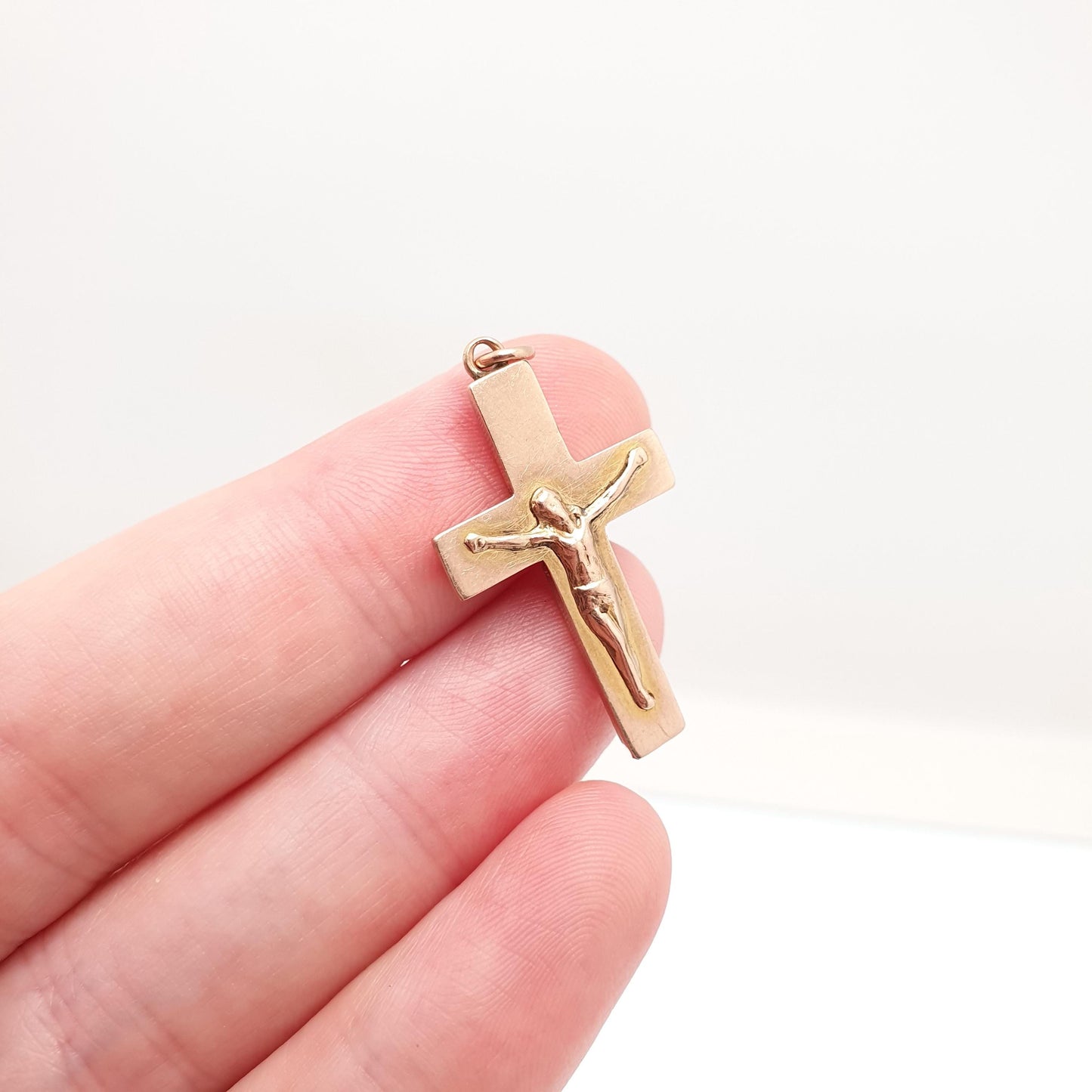 Antique 9ct 9k Rose Gold Jesus On The Cross Necklace Crucifix Pendant 1917 Hallmark Solid 9kt Vintage Womens Mens Jewellery Jewelry