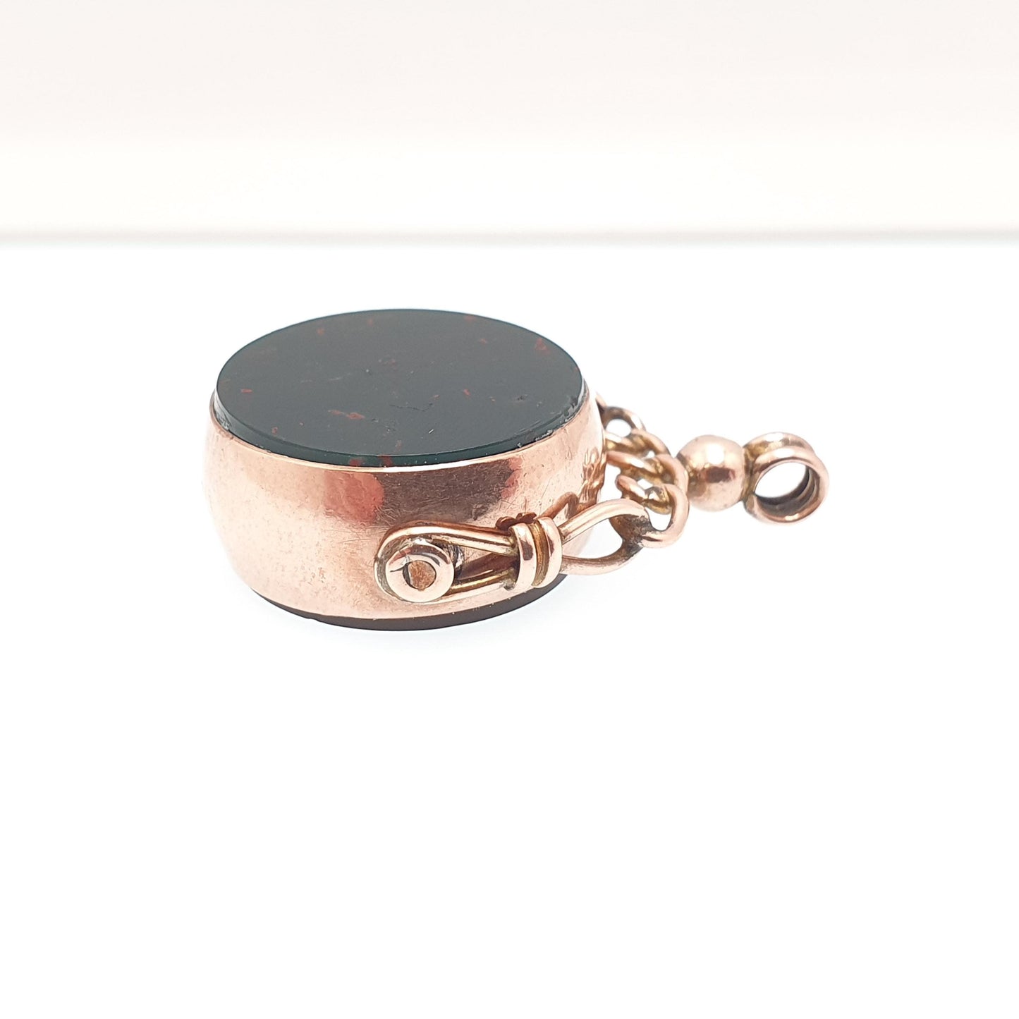 Antique 9ct 9k Rose Gold Bloodstone Spinner Fob Pendant Round 1904 Hallmark Carnelian Necklace Albert Vintage