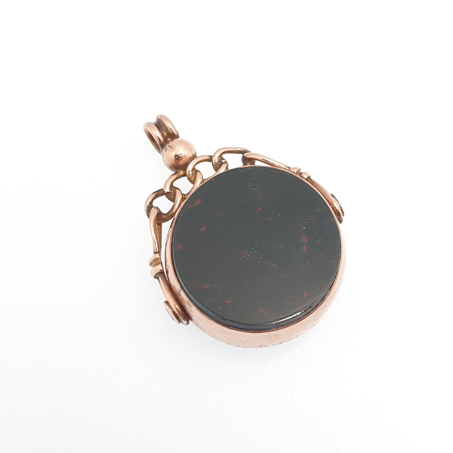 Antique 9ct 9k Rose Gold Bloodstone Spinner Fob Pendant Round 1904 Hallmark Carnelian Necklace Albert Vintage