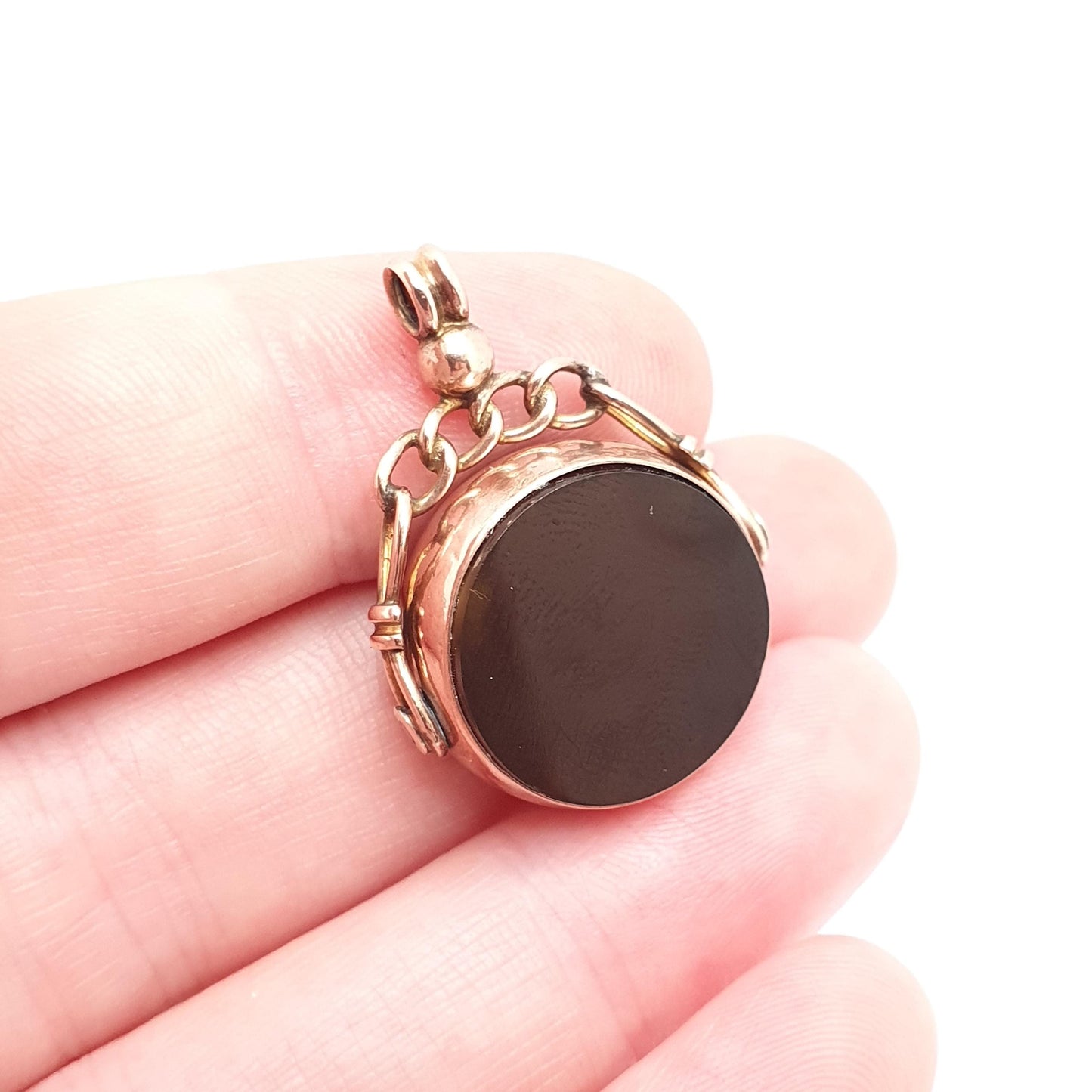 Antique 9ct 9k Rose Gold Bloodstone Spinner Fob Pendant Round 1904 Hallmark Carnelian Necklace Albert Vintage