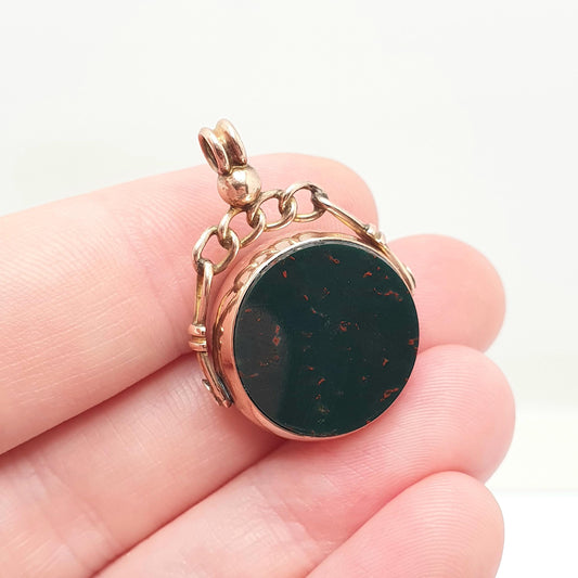Antique 9ct 9k Rose Gold Bloodstone Spinner Fob Pendant Round 1904 Hallmark Carnelian Necklace Albert Vintage