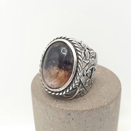 Antique Blue John Solid Silver Ring Victorian Arts And Crafts Oval Solitaire Signet 1920s Bleu Jaune Fluorite Gemstone Jewelry Jewellery