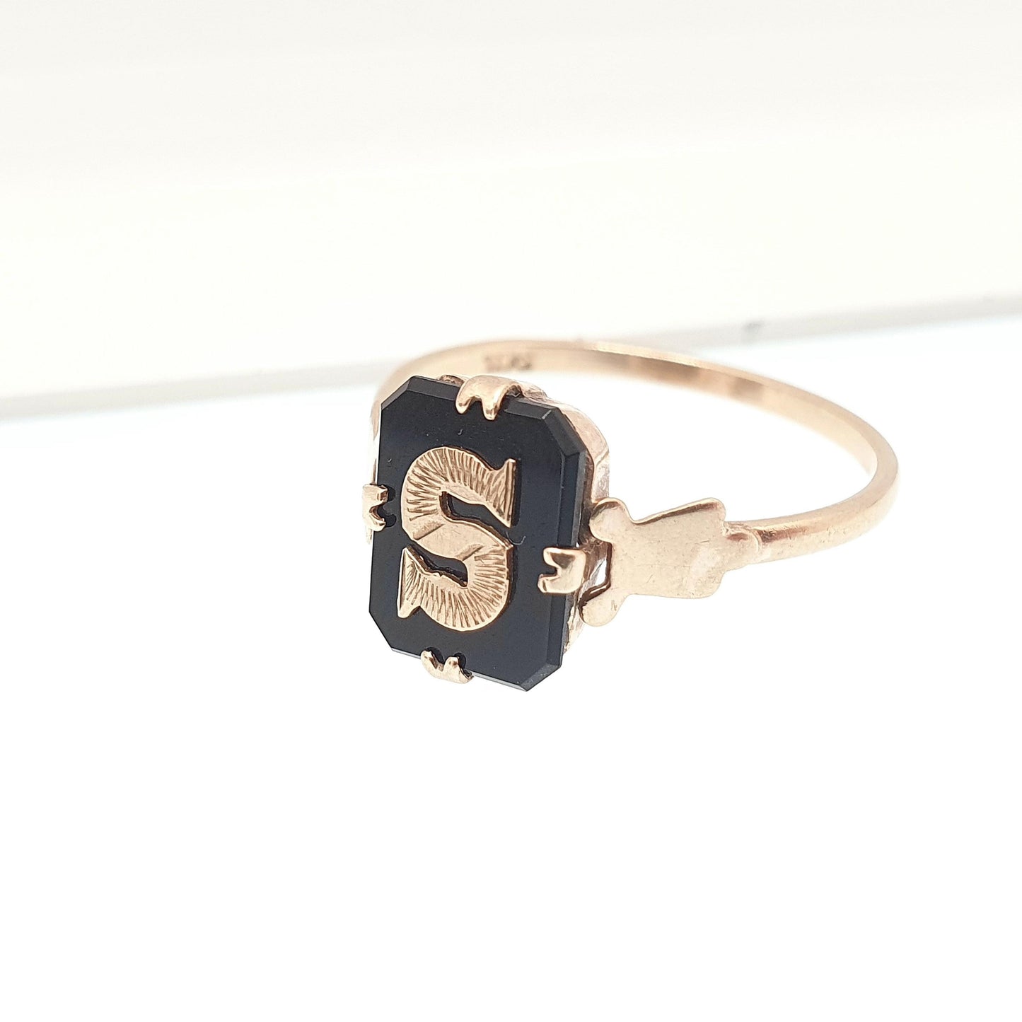 Antique 9ct Gold "S" S Initial Ring Art Deco Onyx Gemstone Signet Rectangular Letter Name Solid 9k 9kt Vintage Jewelry Jewellery