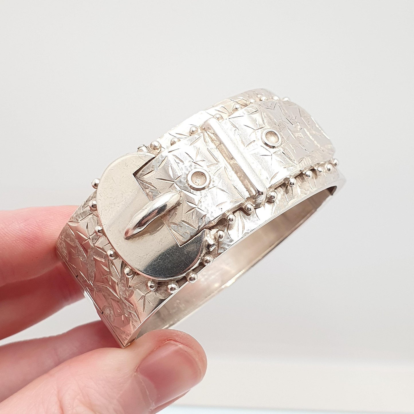 Antique Victorian Sterling Silver Buckle Bracelet Snap Bangle 1886 Hallmark 35.61g Belt Hand Engraved Fine Estate 1800s Belt Vintage Womens