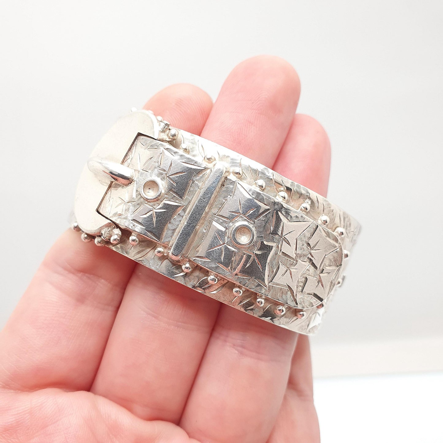 Antique Victorian Sterling Silver Buckle Bracelet Snap Bangle 1886 Hallmark 35.61g Belt Hand Engraved Fine Estate 1800s Belt Vintage Womens