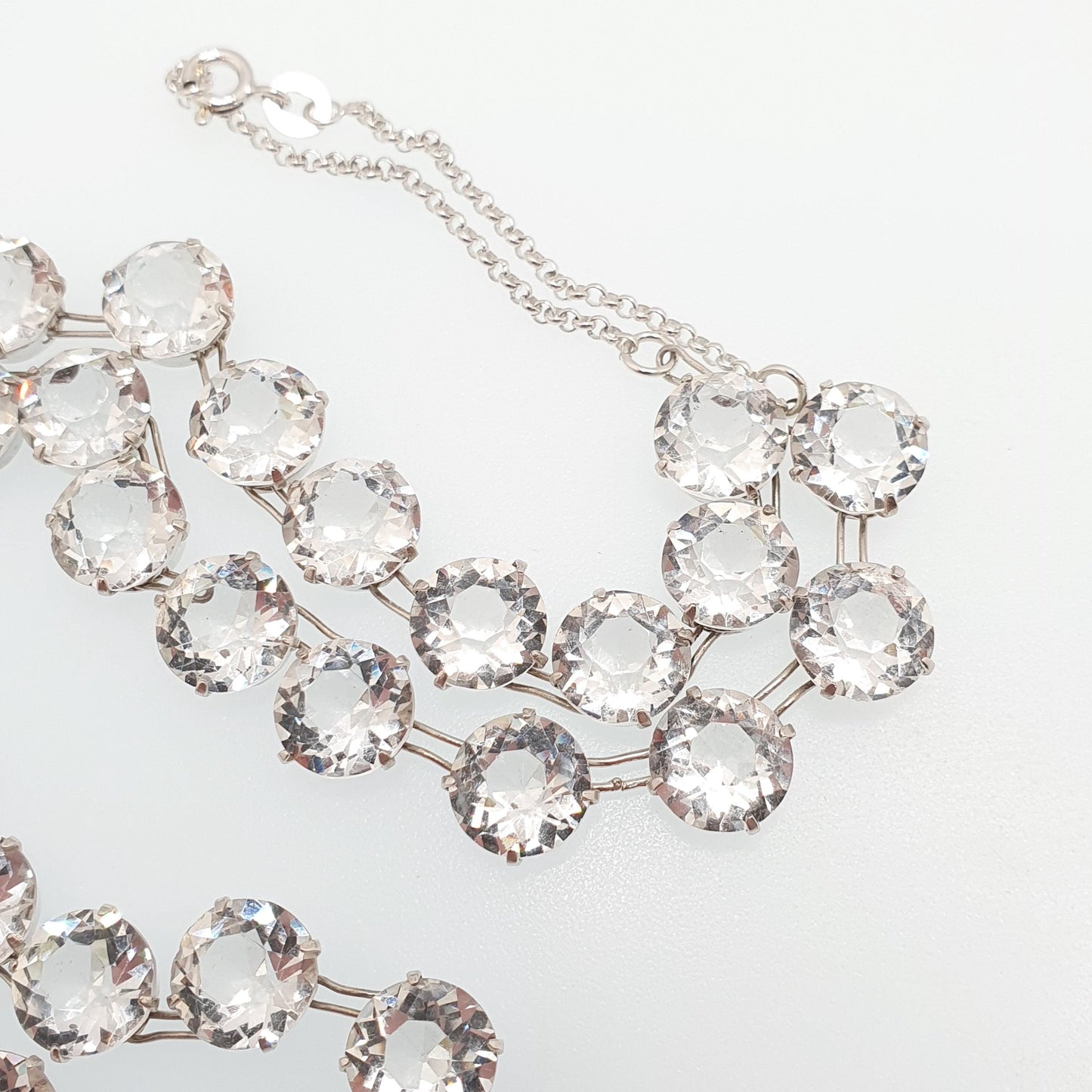 Antique Sterling Silver Diamond Paste Riviera Necklace White Pastes Round Cut Art Deco Cocktail Sparkly Womens Vintage Jewelry Jewellery