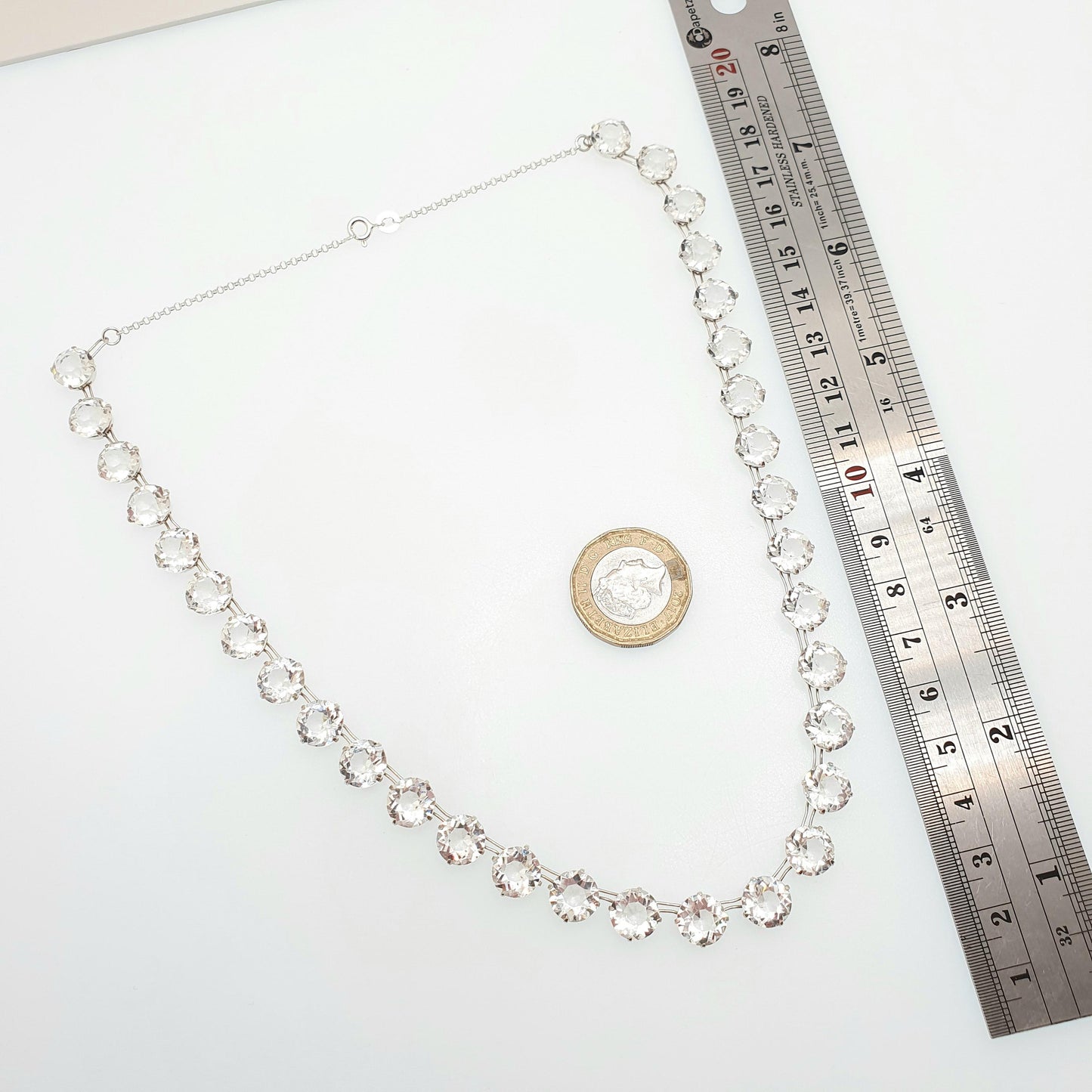 Antique Sterling Silver Diamond Paste Riviera Necklace White Pastes Round Cut Art Deco Cocktail Sparkly Womens Vintage Jewelry Jewellery