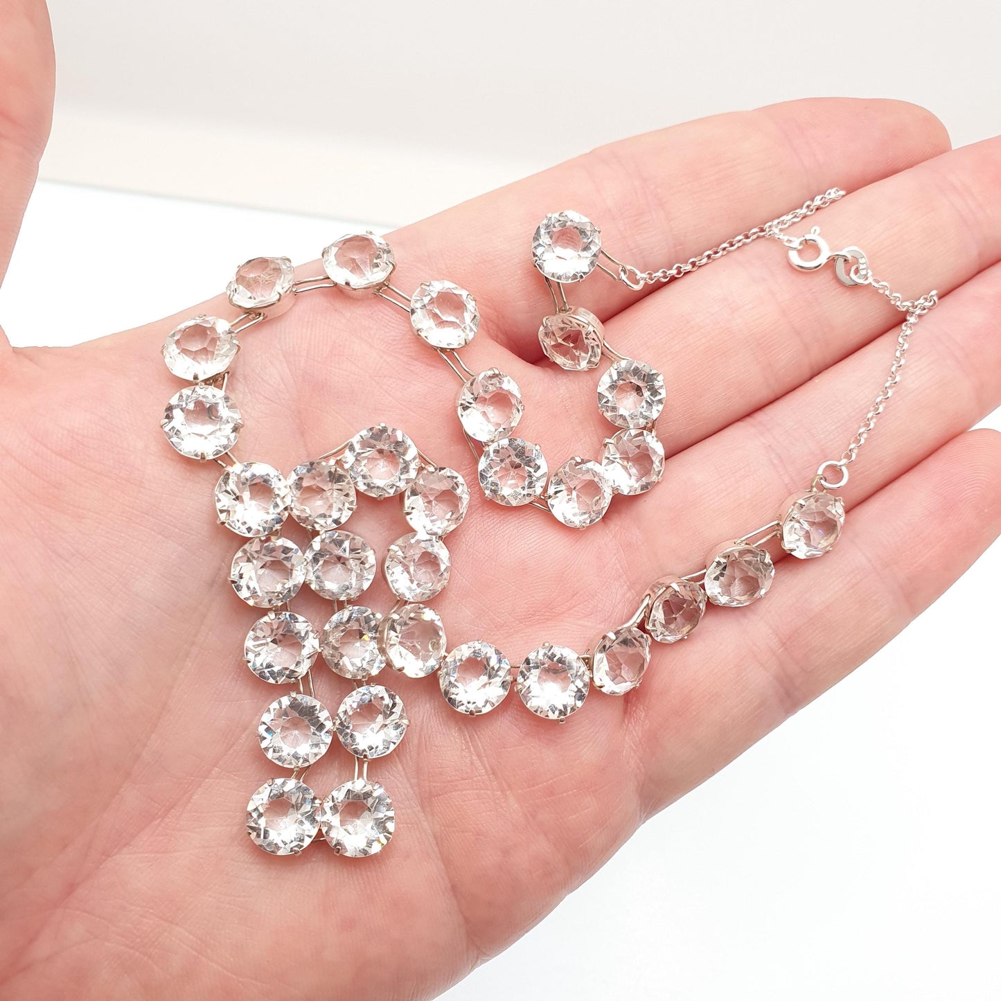 Antique Sterling Silver Diamond Paste Riviera Necklace White Pastes Round Cut Art Deco Cocktail Sparkly Womens Vintage Jewelry Jewellery