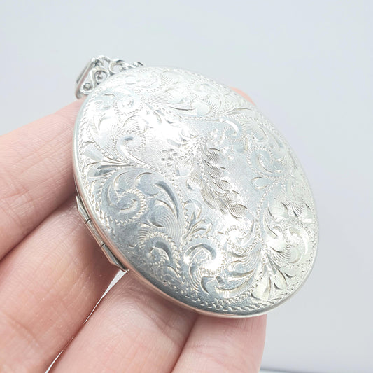 Vintage Sterling Silver Very Large Locket Oval Hand Engraved Huge Solid 925 Pendant Picture Photo Womens Unisex Jewelry Jewellery