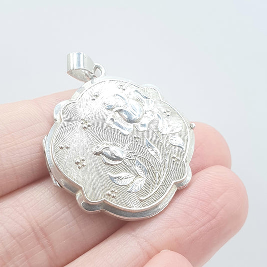 Vintage Sterling Silver Rose Locket Flower Embossed Sunburst Pattern Necklace Pendant Photo Gift Jewelry Womens Jewellery Ladies Large