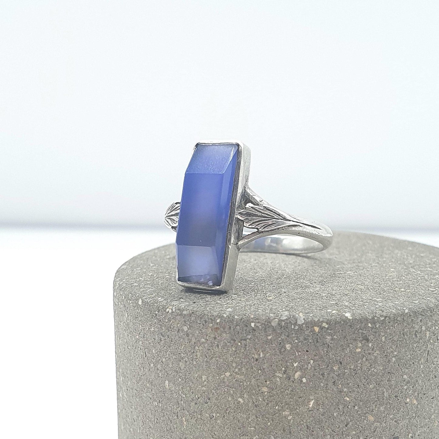 Antique Solid Silver Blue Chalcedony Ring Leaf Shoulder Blue Quartz Gemstone Rectangular Cut Unisex Womens Jewellery Jewelry