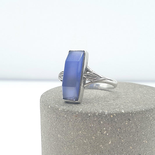 Antique Solid Silver Blue Chalcedony Ring Leaf Shoulder Blue Quartz Gemstone Rectangular Cut Unisex Womens Jewellery Jewelry