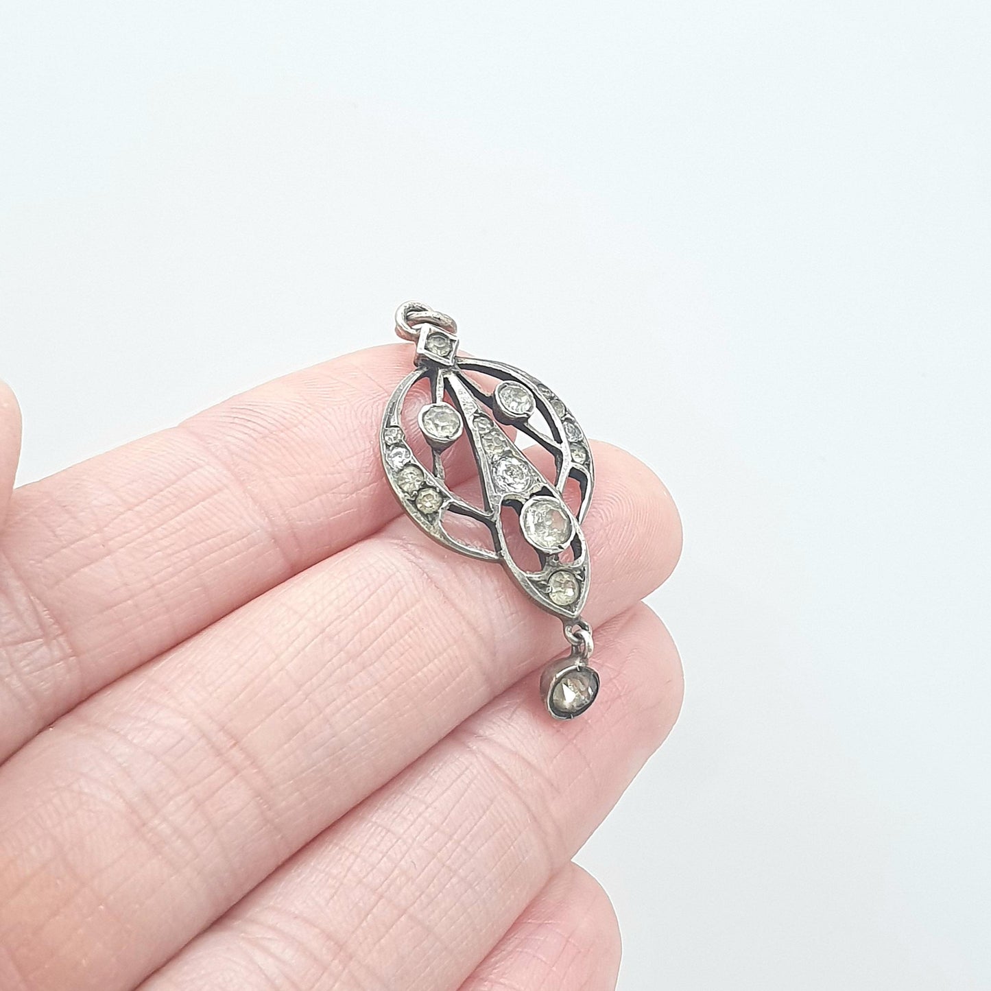 Antique Victorian Solid Silver Diamond Paste Necklace Pendant Art Nouveau Old Cut Hanging Dangling Ornate Sparkly Foiled Womens Jewelry