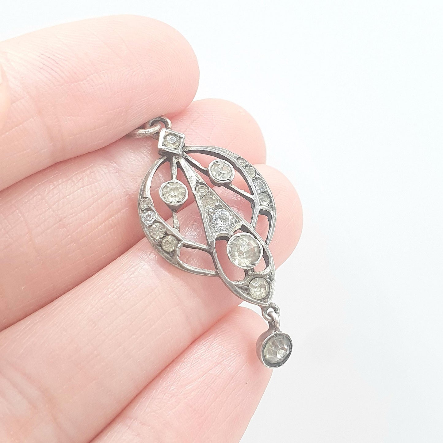 Antique Victorian Solid Silver Diamond Paste Necklace Pendant Art Nouveau Old Cut Hanging Dangling Ornate Sparkly Foiled Womens Jewelry