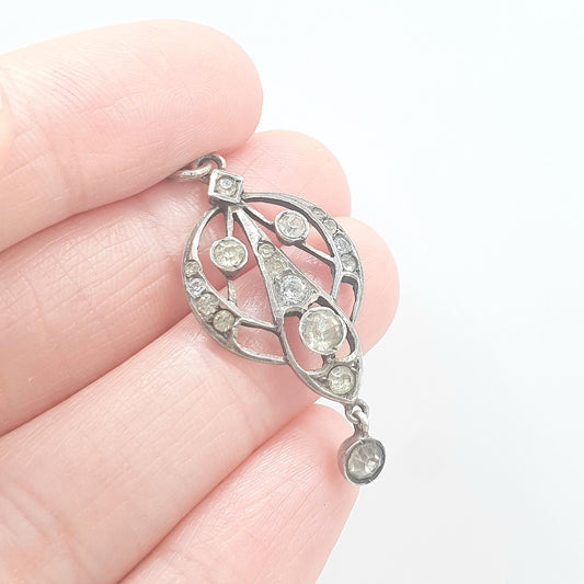 Antique Victorian Solid Silver Diamond Paste Necklace Pendant Art Nouveau Old Cut Hanging Dangling Ornate Sparkly Foiled Womens Jewelry