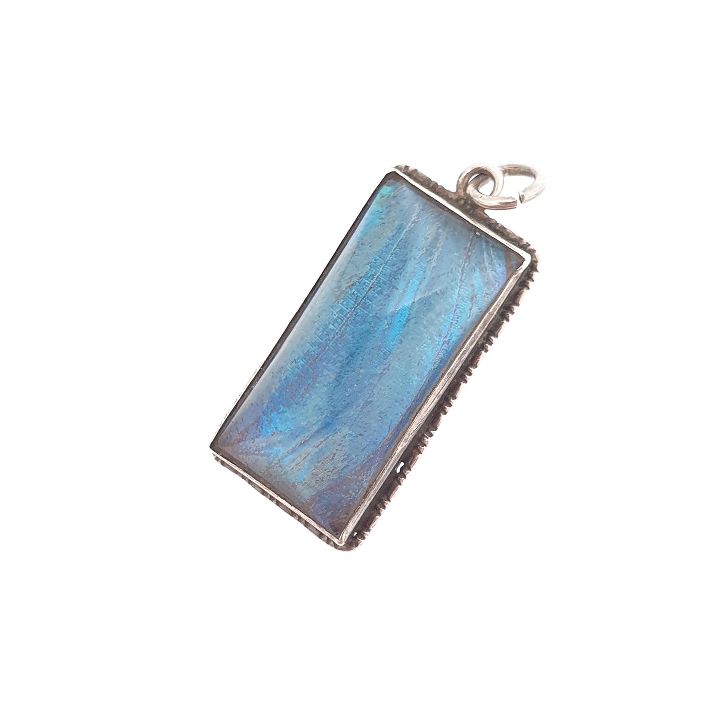 Antique Art Deco Solid Silver Butterfly Wing Necklace Pendant Rectangular Vintage 1920s Blue Bug Fly Insect Jewelry Jewellery