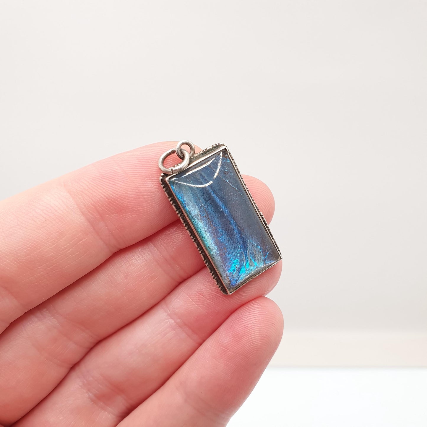 Antique Art Deco Solid Silver Butterfly Wing Necklace Pendant Rectangular Vintage 1920s Blue Bug Fly Insect Jewelry Jewellery