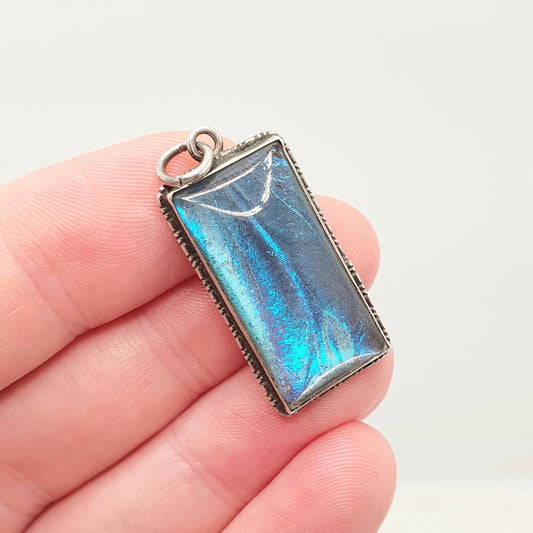 Antique Art Deco Solid Silver Butterfly Wing Necklace Pendant Rectangular Vintage 1920s Blue Bug Fly Insect Jewelry Jewellery