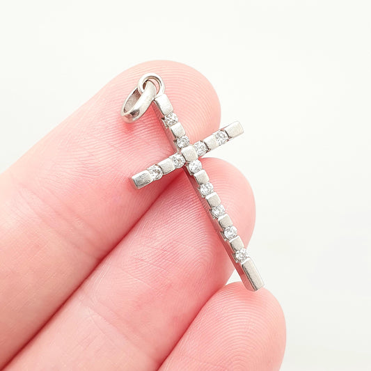 Vintage 9ct Gold Diamond Cross Crucifix Pendant Natural Diamonds Solid 9k 9kt 375 Necklace White Gold