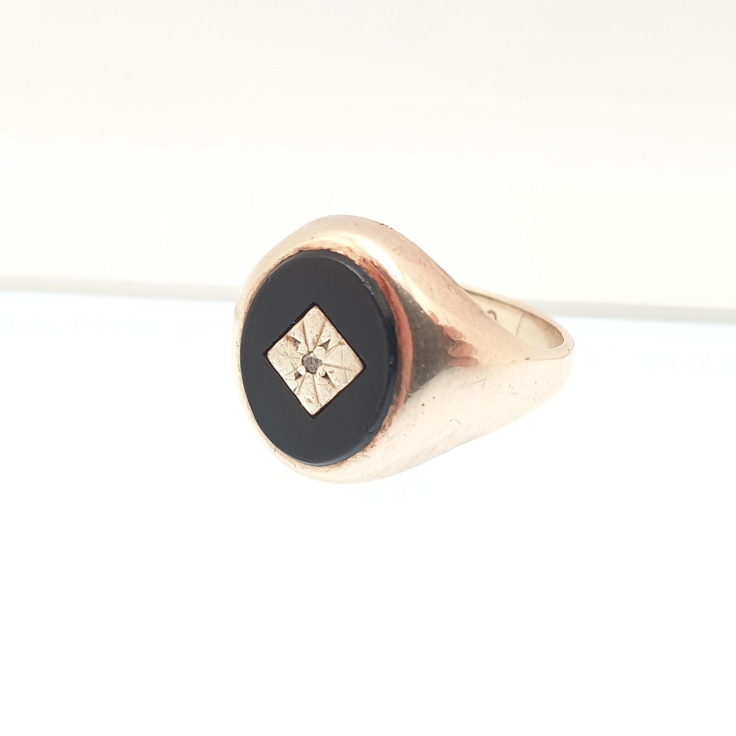 Vintage 9k 9ct Gold Onyx & Diamond Signet Ring 1994 Hallmarked Oval Solid 375 Black Gemstone Mens Womens Jewelry