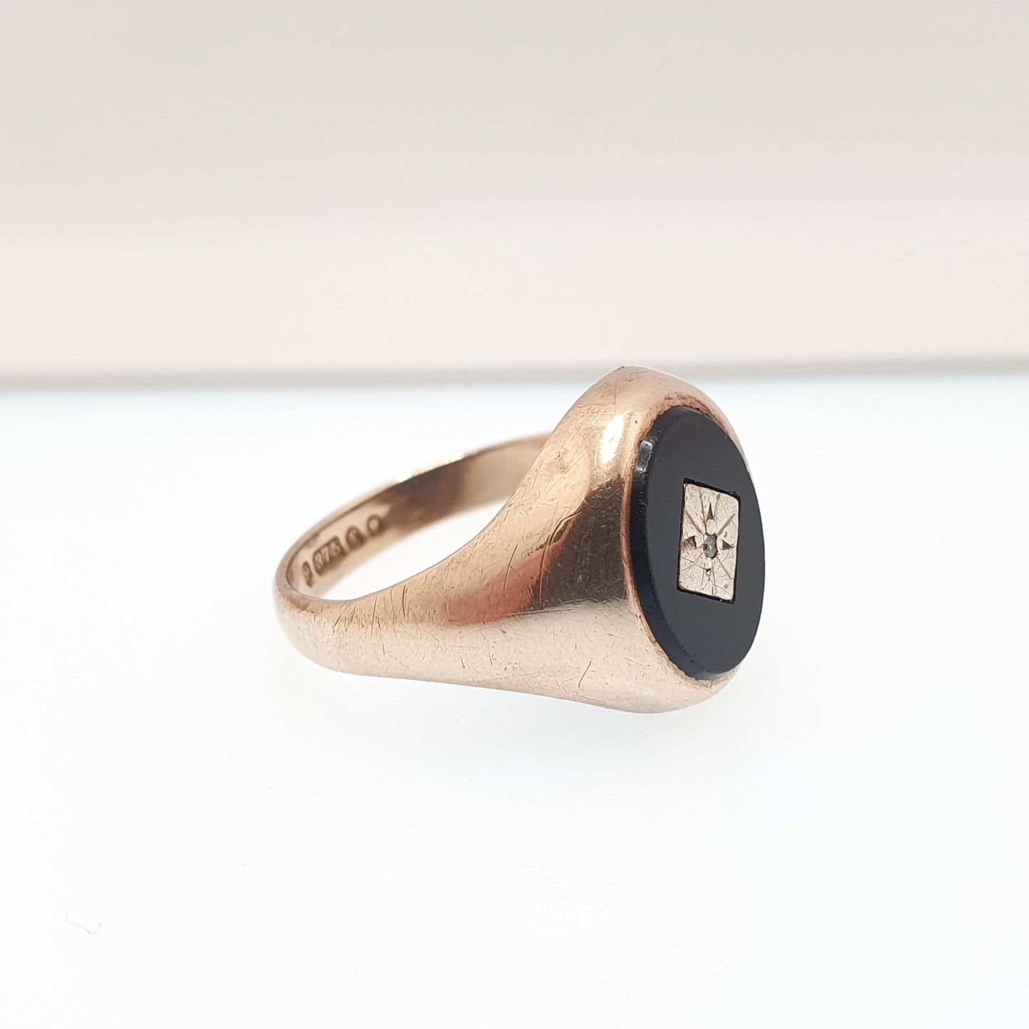Vintage 9k 9ct Gold Onyx & Diamond Signet Ring 1994 Hallmarked Oval Solid 375 Black Gemstone Mens Womens Jewelry