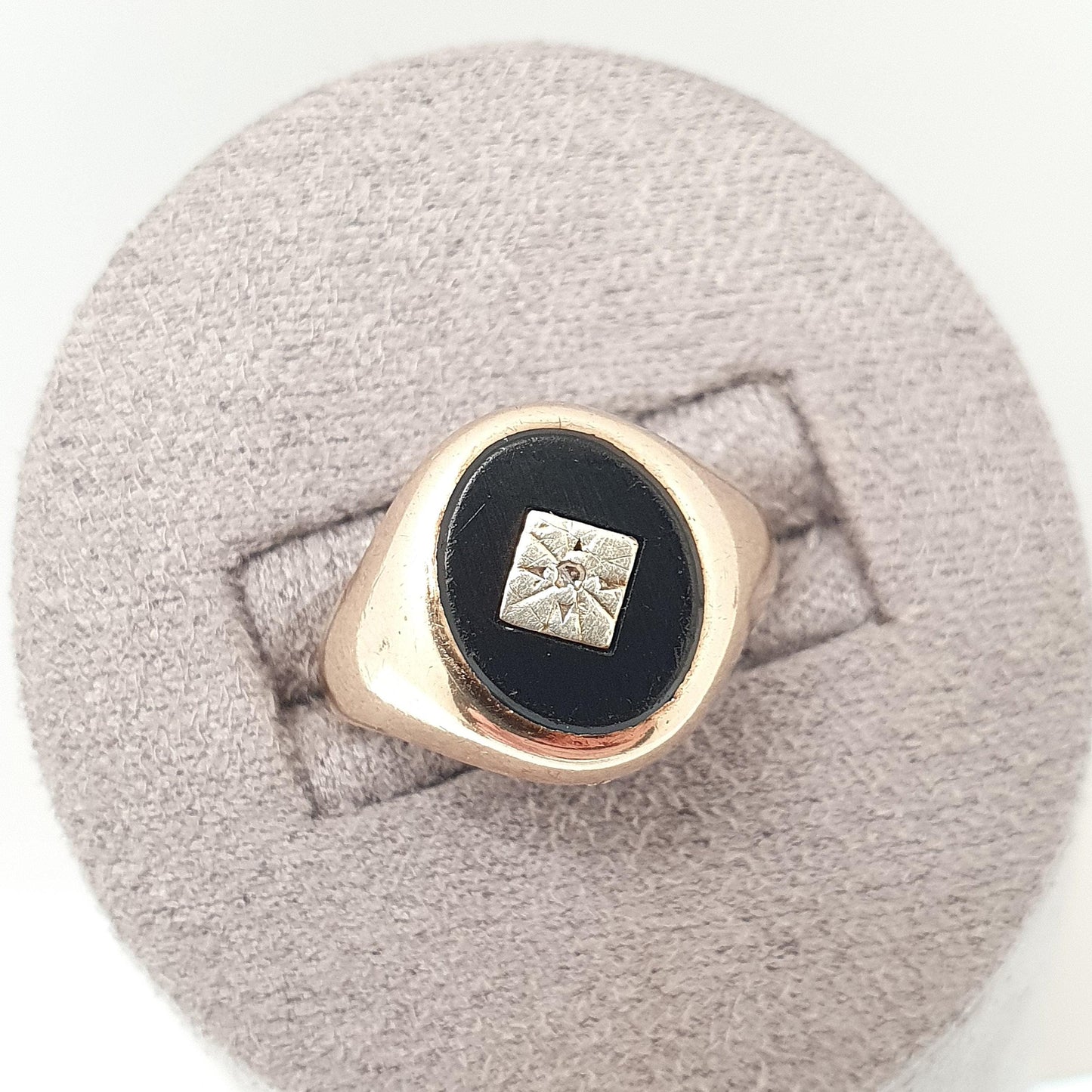 Vintage 9k 9ct Gold Onyx & Diamond Signet Ring 1994 Hallmarked Oval Solid 375 Black Gemstone Mens Womens Jewelry
