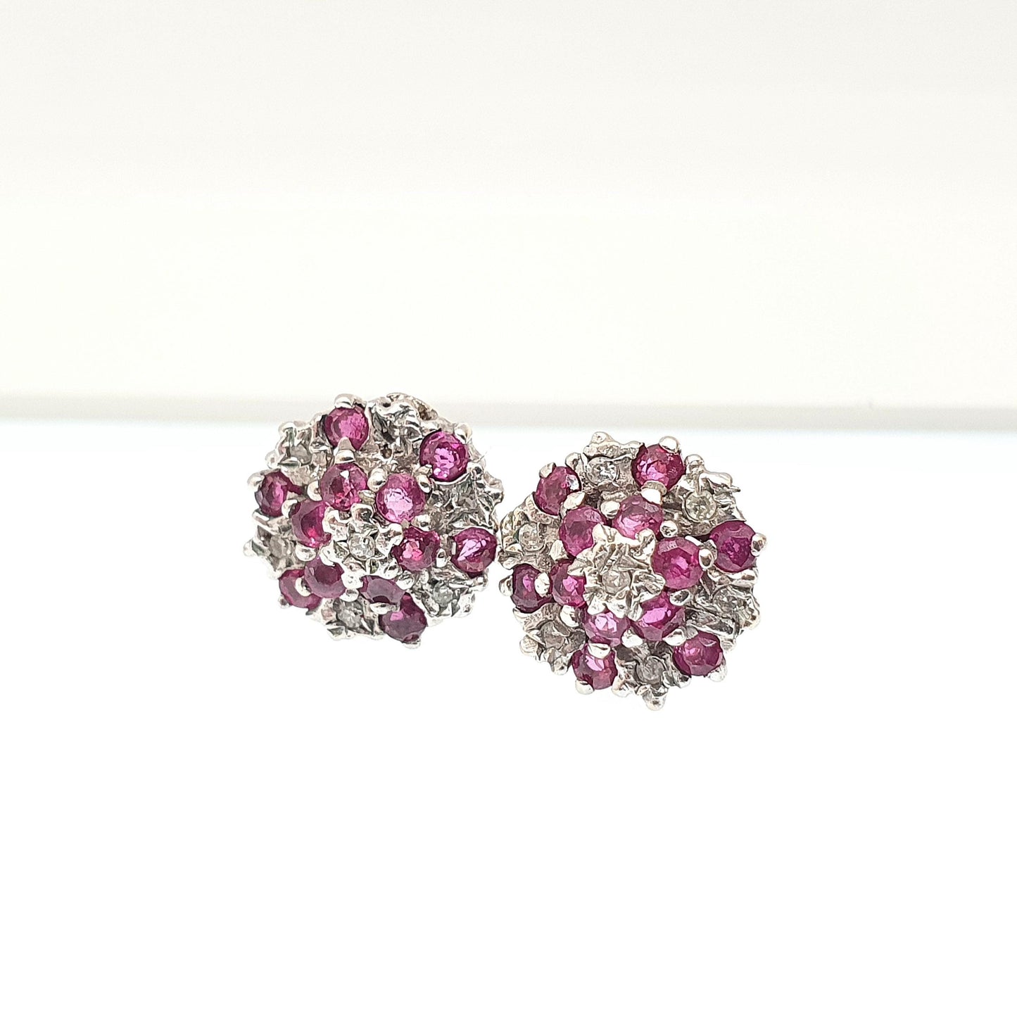 Vintage 9k 9ct Gold Ruby Diamond Earrings Stud Cluster Solid 375 Genuine Gemstone Jewelry Retro Jewellery