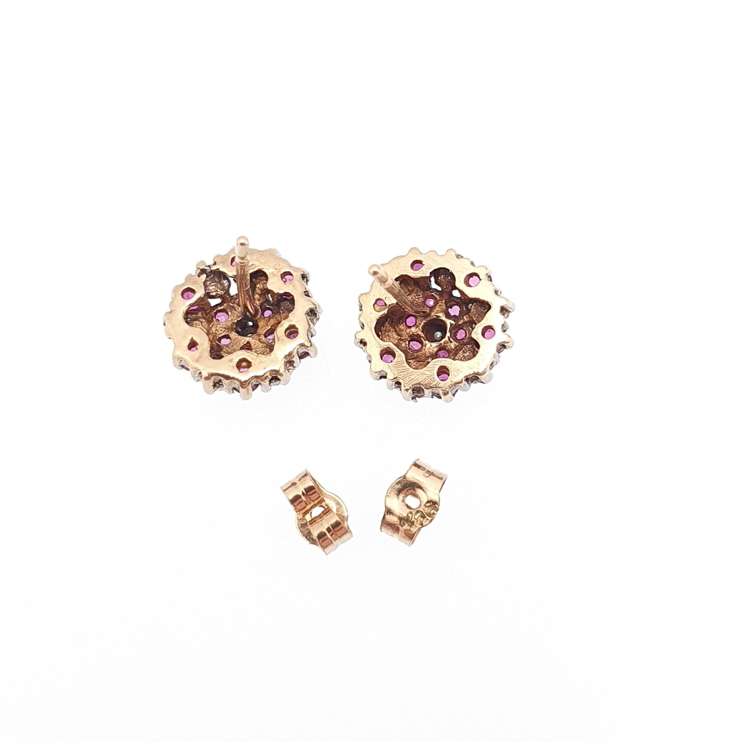 Vintage 9k 9ct Gold Ruby Diamond Earrings Stud Cluster Solid 375 Genuine Gemstone Jewelry Retro Jewellery
