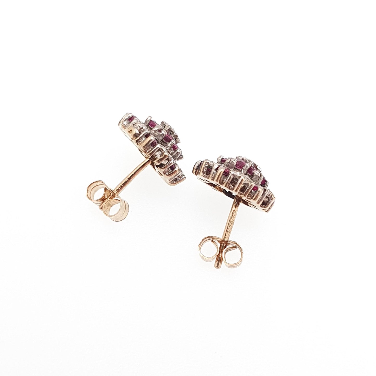 Vintage 9k 9ct Gold Ruby Diamond Earrings Stud Cluster Solid 375 Genuine Gemstone Jewelry Retro Jewellery
