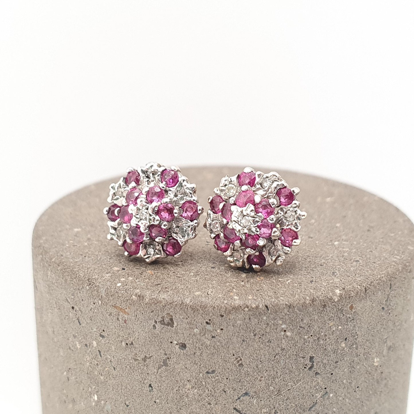 Vintage 9k 9ct Gold Ruby Diamond Earrings Stud Cluster Solid 375 Genuine Gemstone Jewelry Retro Jewellery