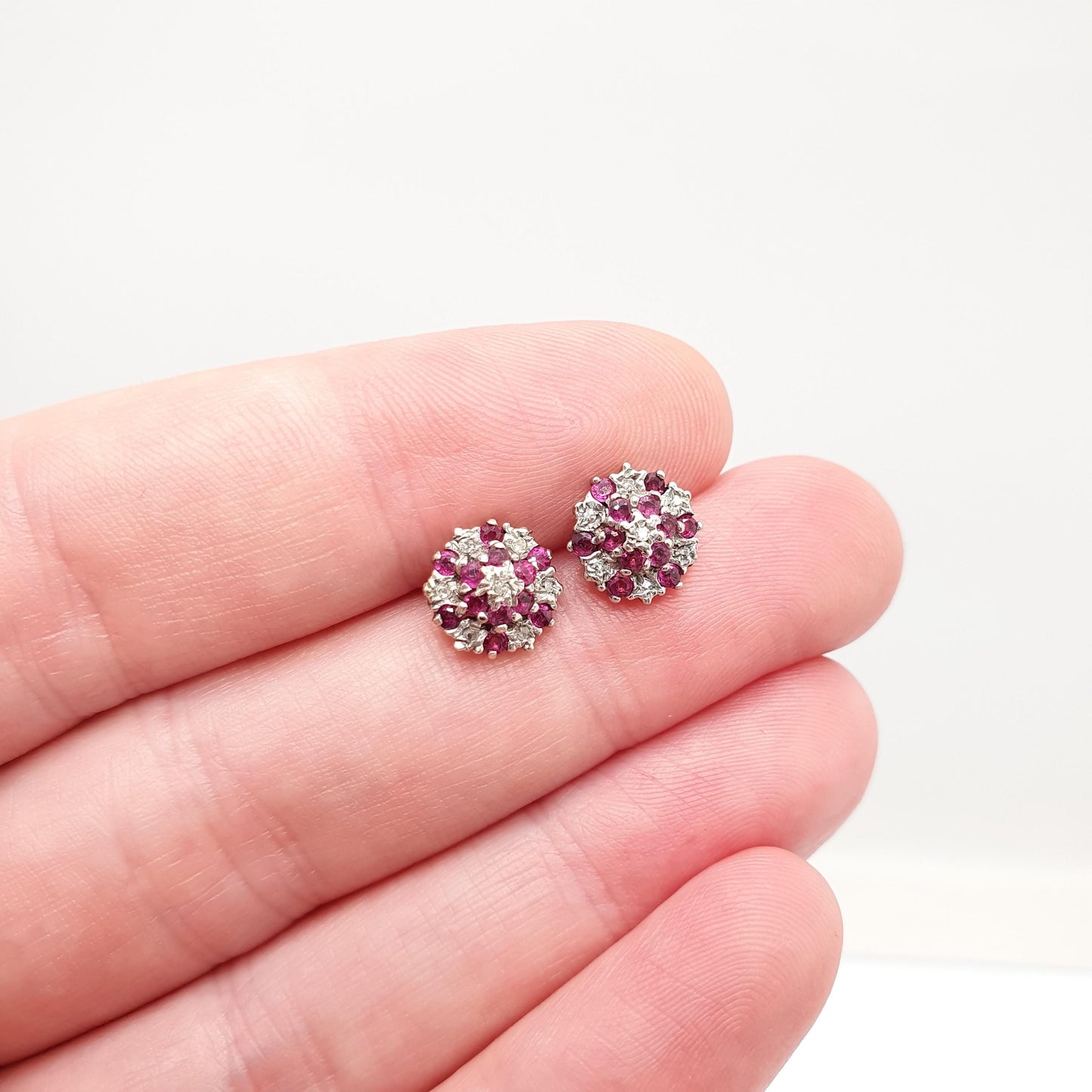 Vintage 9k 9ct Gold Ruby Diamond Earrings Stud Cluster Solid 375 Genuine Gemstone Jewelry Retro Jewellery