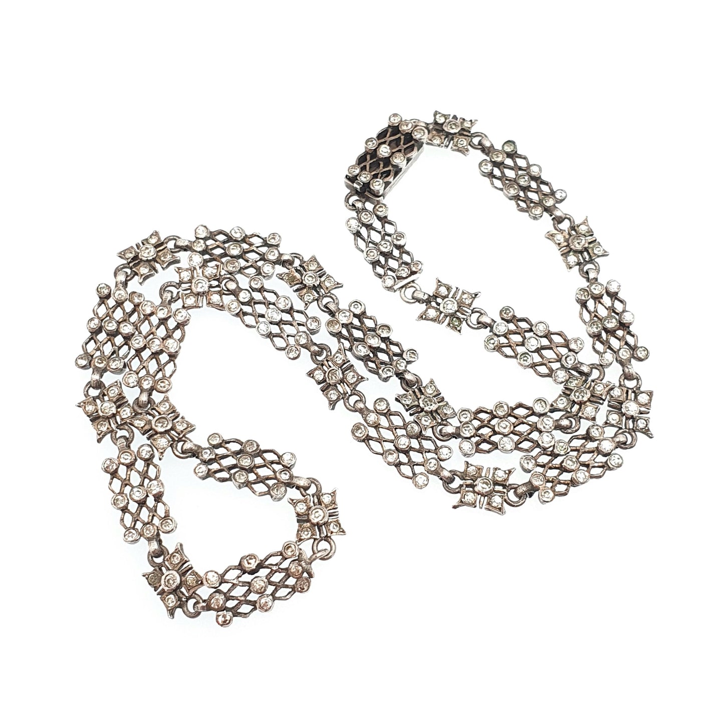 Antique Victorian Solid Silver Diamond Paste Necklace Choker Collar White Pastes Gird Pattern Vintage Jewelry Jewellery