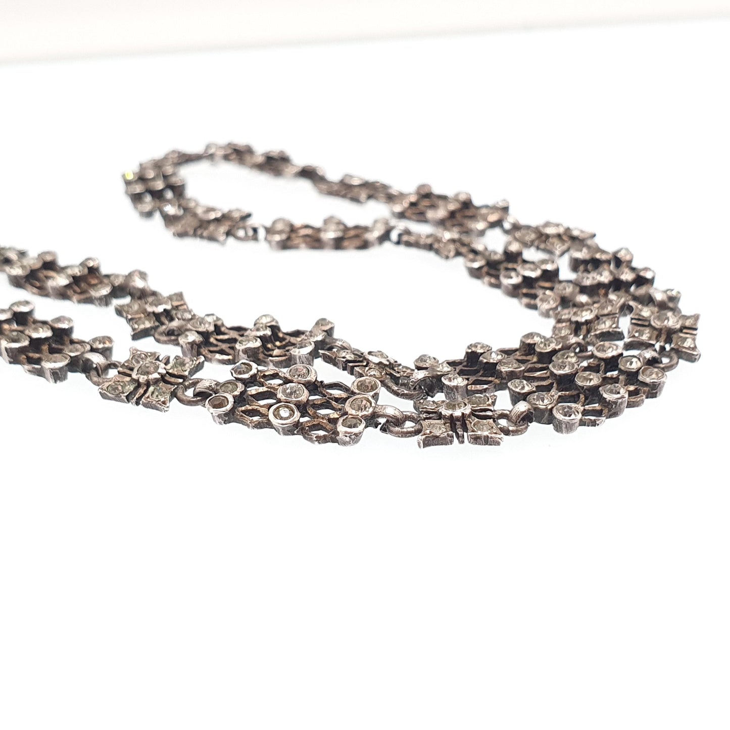Antique Victorian Solid Silver Diamond Paste Necklace Choker Collar White Pastes Gird Pattern Vintage Jewelry Jewellery