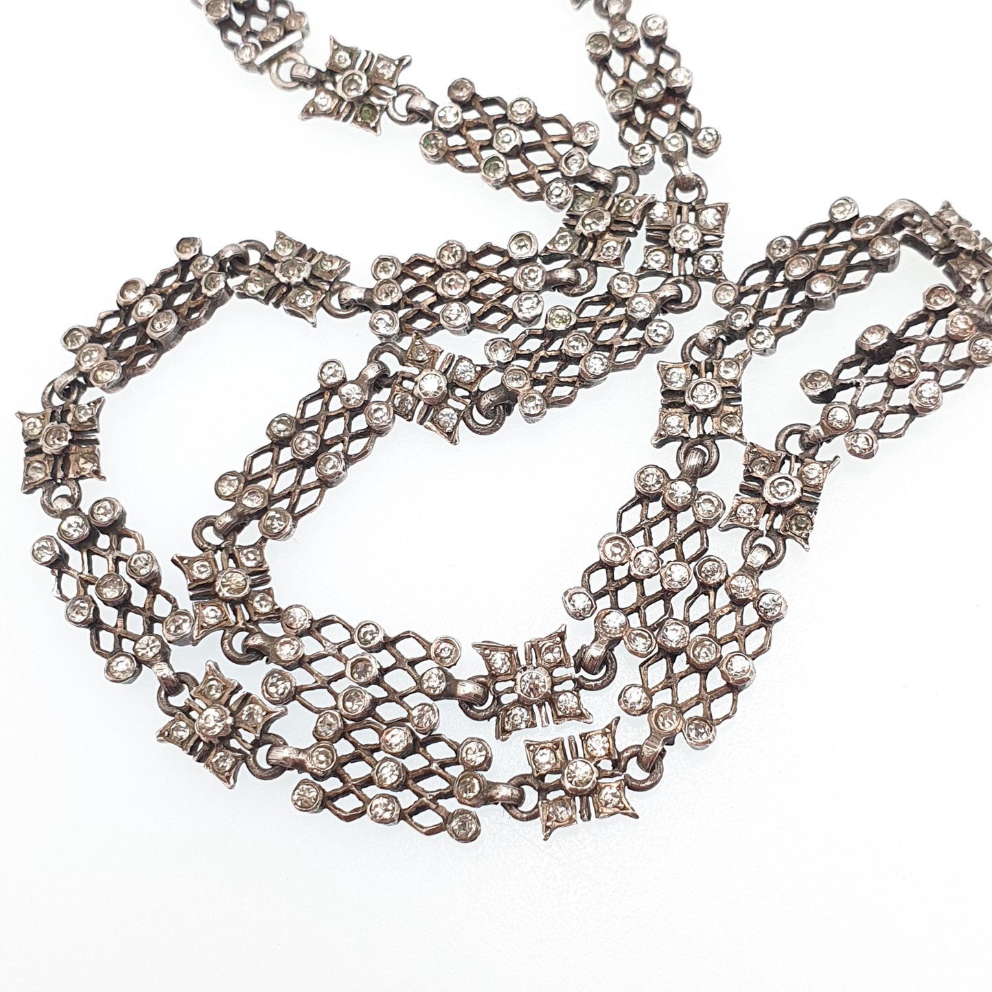 Antique Victorian Solid Silver Diamond Paste Necklace Choker Collar White Pastes Gird Pattern Vintage Jewelry Jewellery