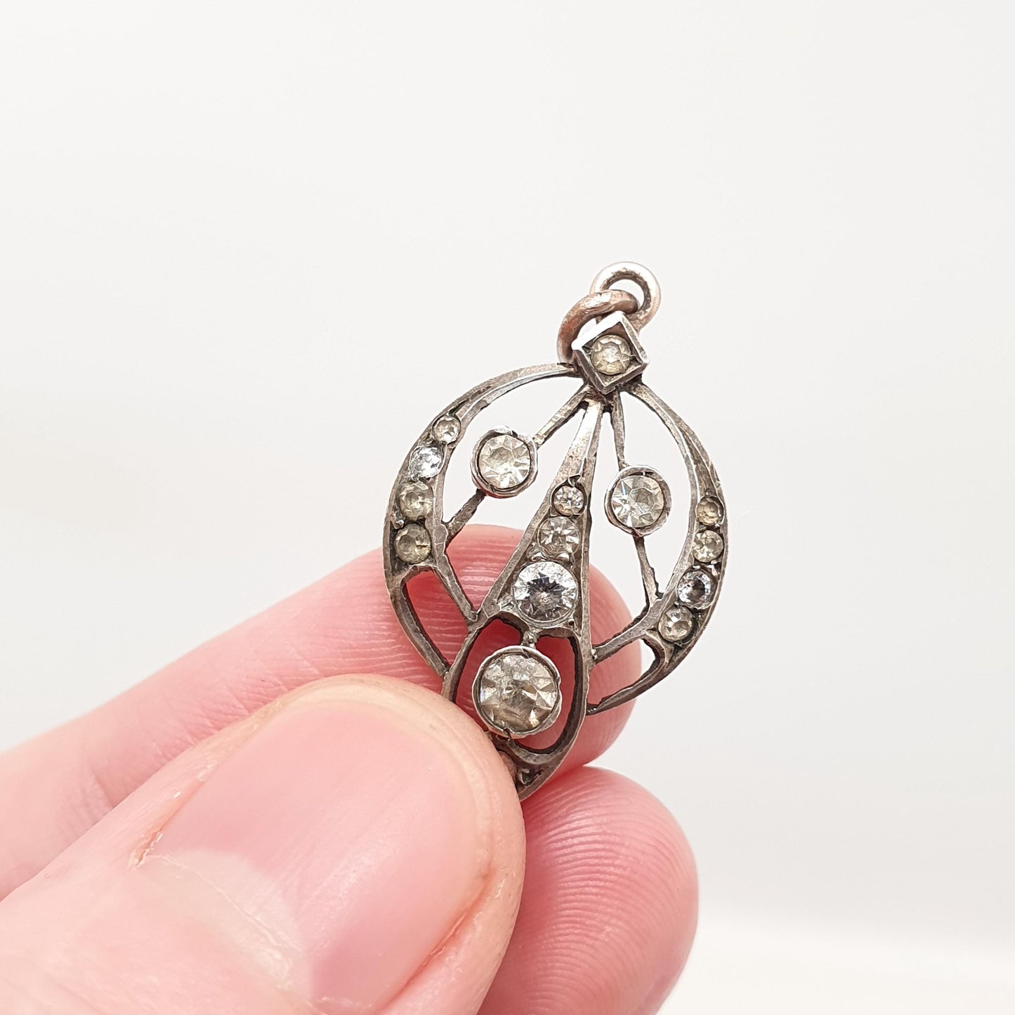 Antique Victorian Solid Silver Diamond Paste Necklace Pendant Art Nouveau Old Cut Hanging Dangling Ornate Sparkly Foiled Womens Jewelry