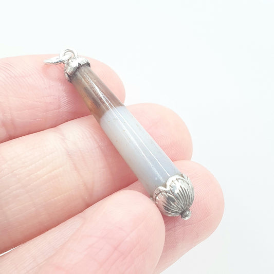 Antique Victorian Solid Silver Agate Pendant Necklace Teardrop Conical Genuine Quartz Vintage Jewelry Jewellery
