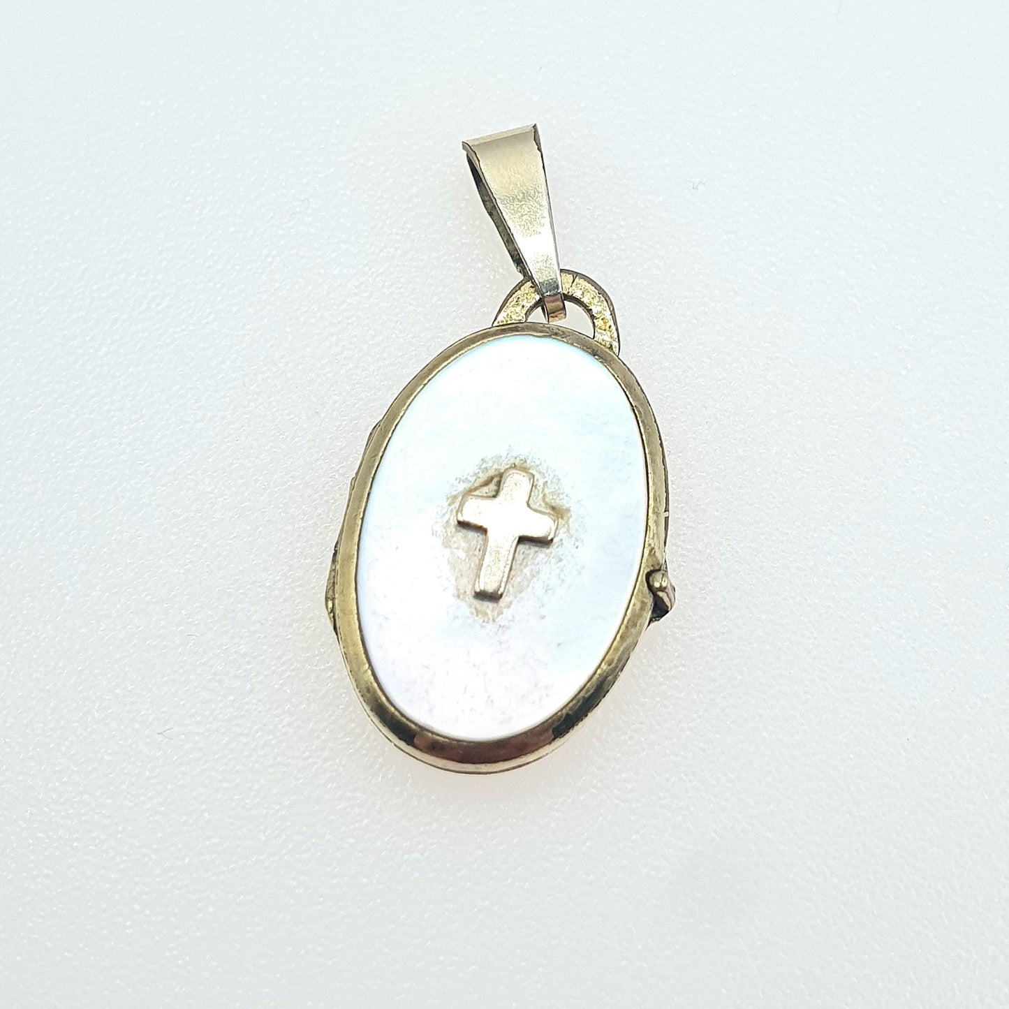 Vintage Rolled Gold Crucifix Cross Locket Pendant Necklace Mother of Pearl Oval Picture Photo Gold Filled Jewelry Jewellery