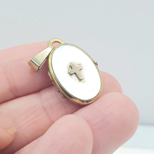 Vintage Rolled Gold Crucifix Cross Locket Pendant Necklace Mother of Pearl Oval Picture Photo Gold Filled Jewelry Jewellery