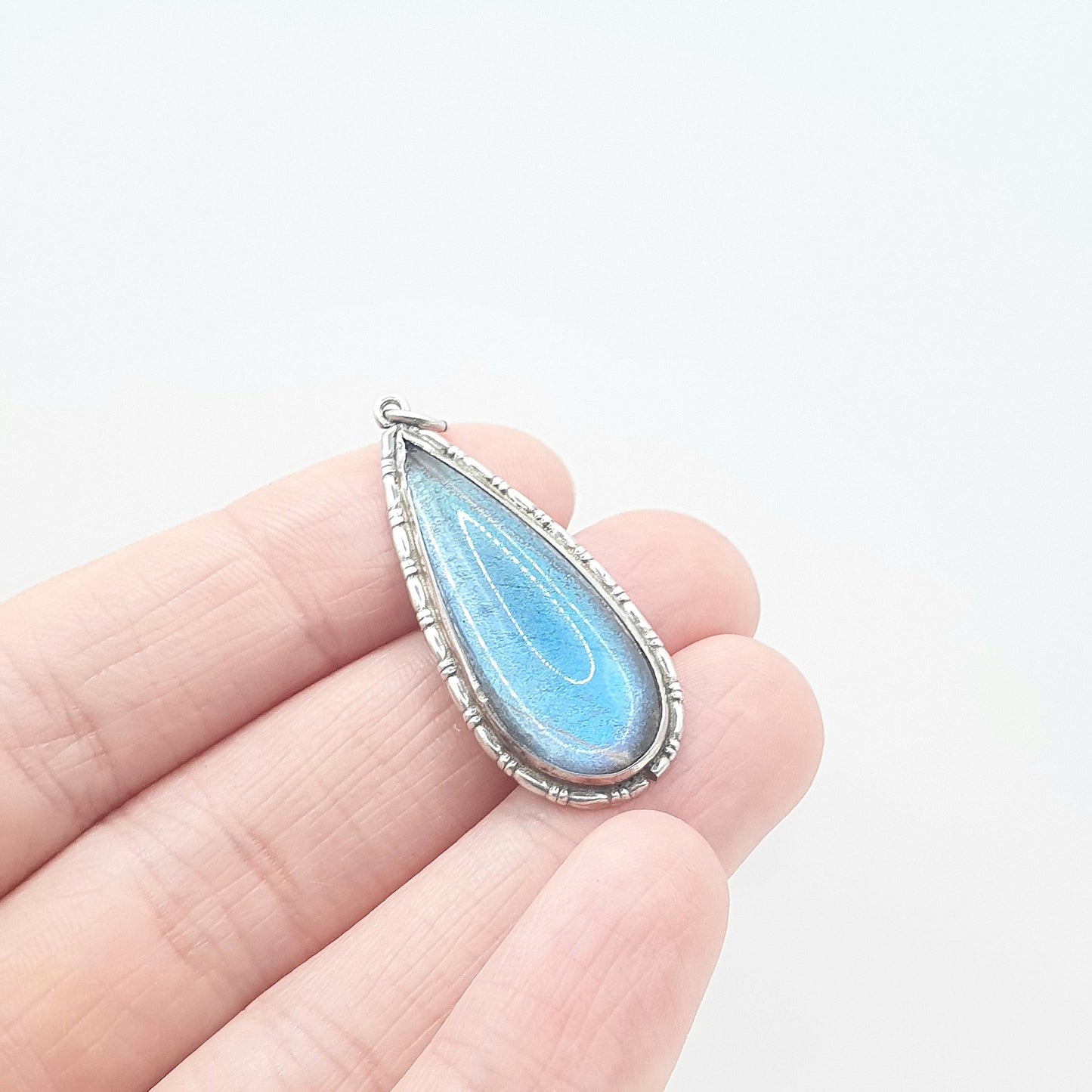 Antique Solid Silver Butterfly Wing Necklace Pendant Large Oval Art Deco Round Vintage 1920s Blue Bug Fly Insect Jewelry Jewellery Womens