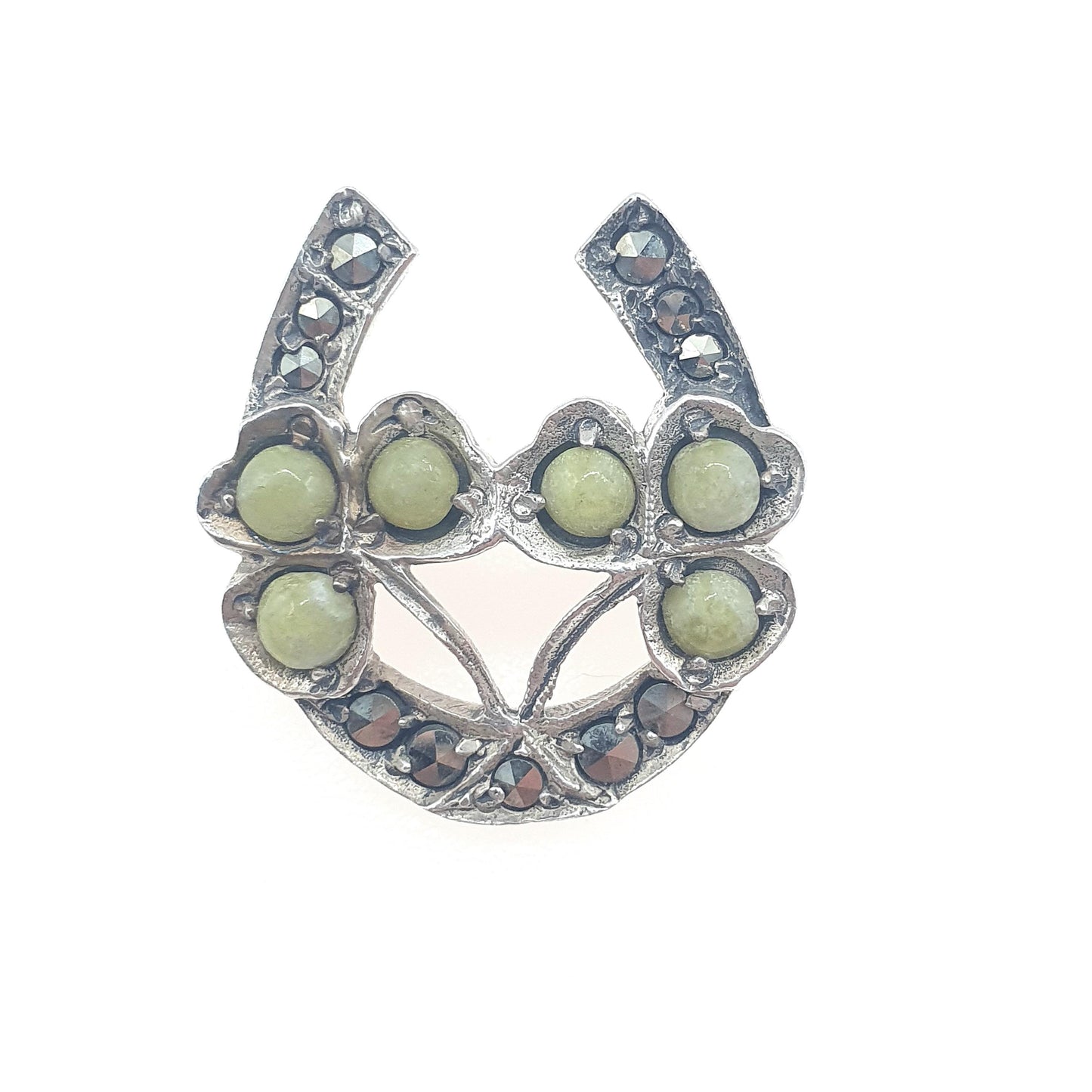 Antique Sterling Silver Connemara Marble Clover Brooch Pin Art Deco Horseshoe Lucky Vintage Shamrock Celtic Gaelic Jewelry Jewellery