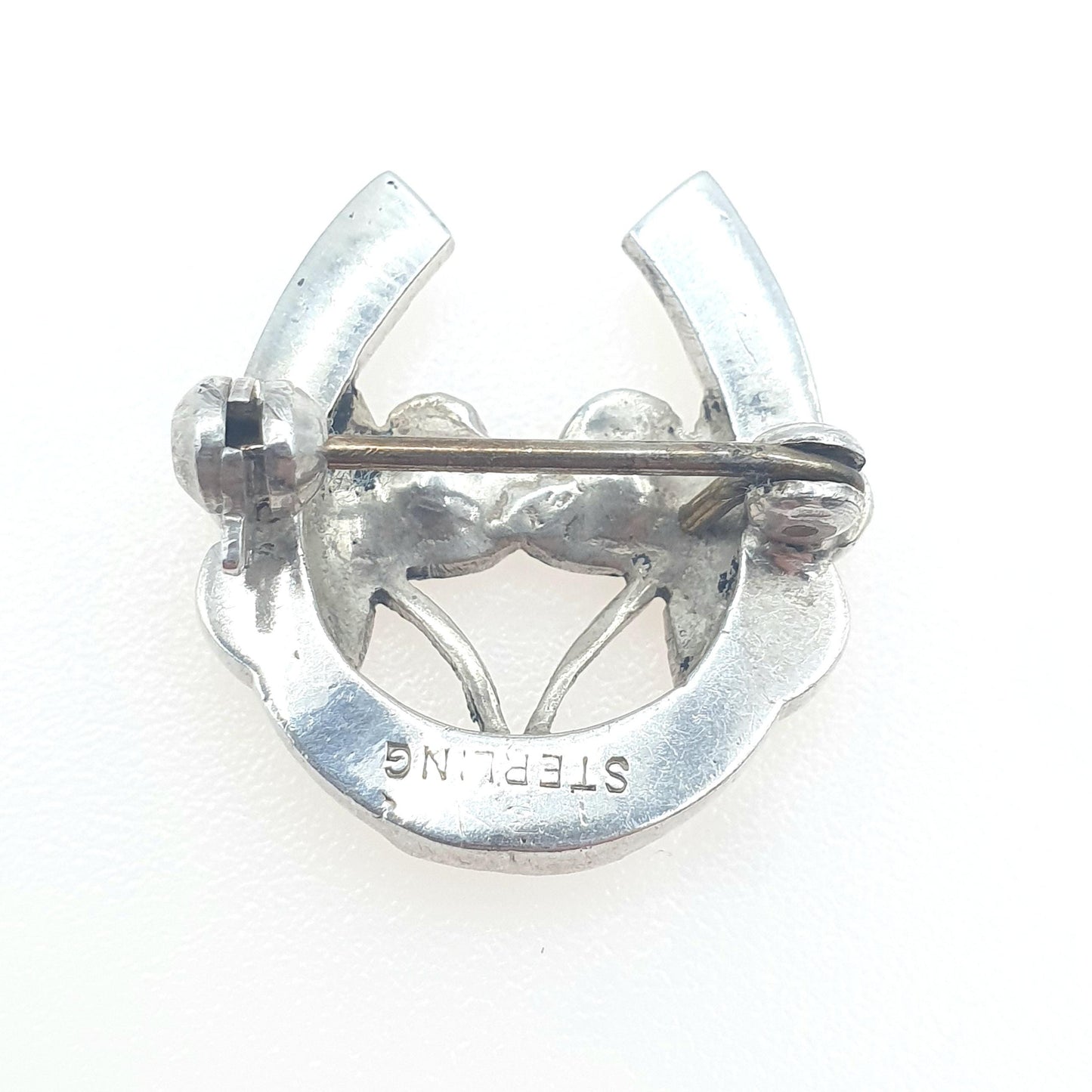 Antique Sterling Silver Connemara Marble Clover Brooch Pin Art Deco Horseshoe Lucky Vintage Shamrock Celtic Gaelic Jewelry Jewellery