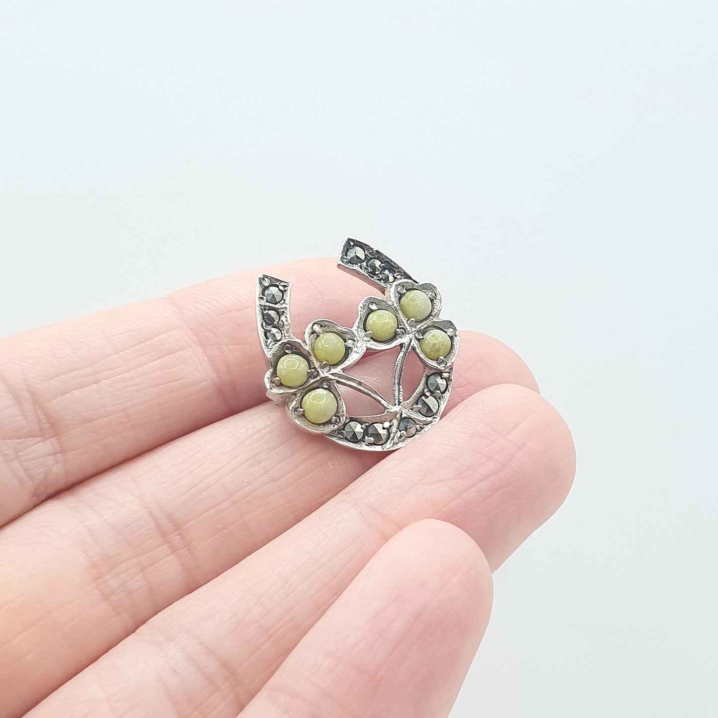 Antique Sterling Silver Connemara Marble Clover Brooch Pin Art Deco Horseshoe Lucky Vintage Shamrock Celtic Gaelic Jewelry Jewellery