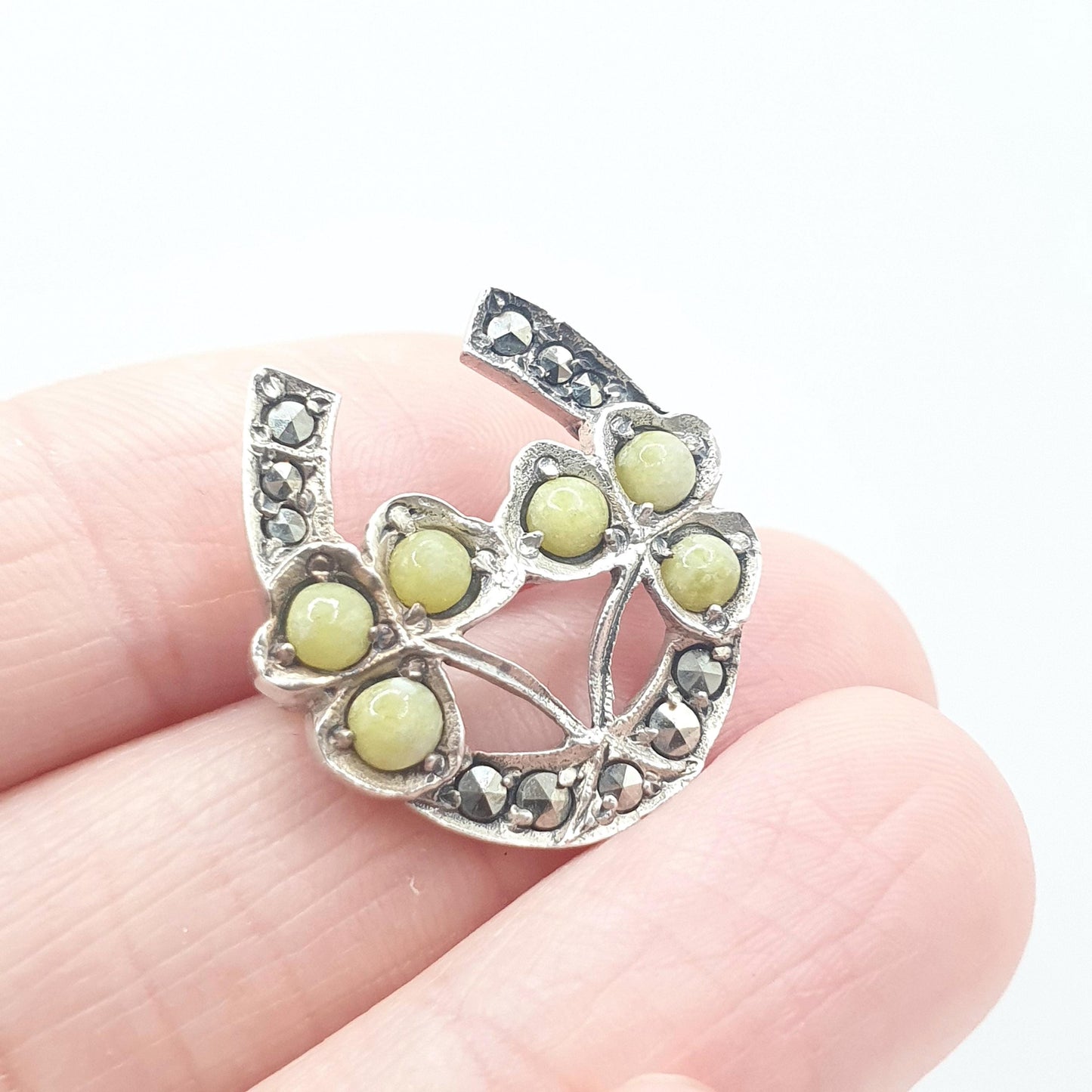 Antique Sterling Silver Connemara Marble Clover Brooch Pin Art Deco Horseshoe Lucky Vintage Shamrock Celtic Gaelic Jewelry Jewellery