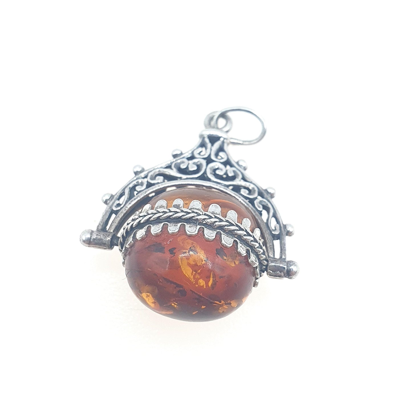 Vintage Solid Silver Spinner Fob Necklace Pendant Victorian Revival Baltic Gemstone Mens Womens Jewelry Jewellery